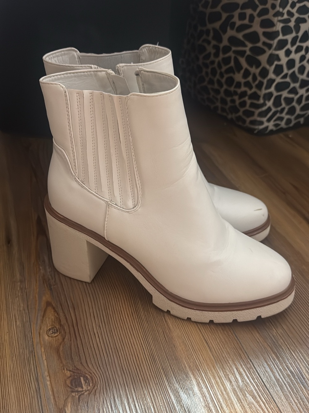 Cream Block Heel Ankle Boots - Women